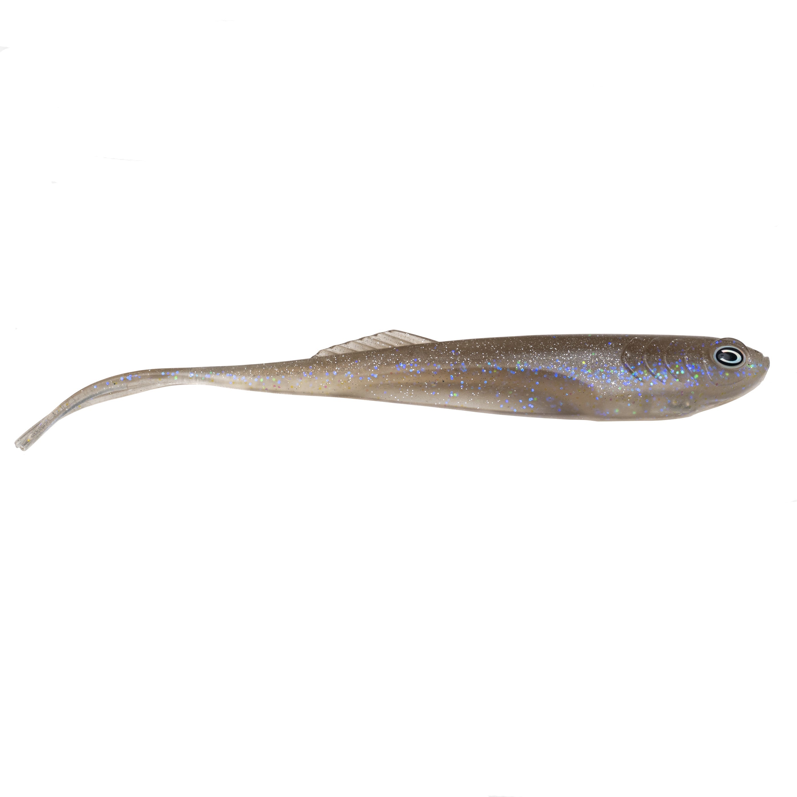 Soft plastic fishing lure in natural brown with blue speckles and realistic eye detailing, designed to mimic baitfish for fishing tackle, CAST Fishing Echo 7.2".