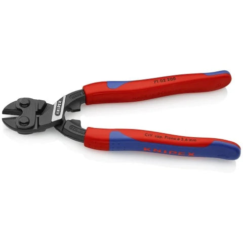 Knipex Hook Cutter with red and blue handles and black cutting jaws displayed on a white background for trimming heavy hooks and fishing tackle