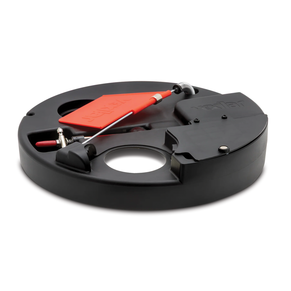 Black circular fishing device with a red flag and metal trigger mechanism designed for ice fishing, identified as Vexilar Sidekick Thermal Tip Up.