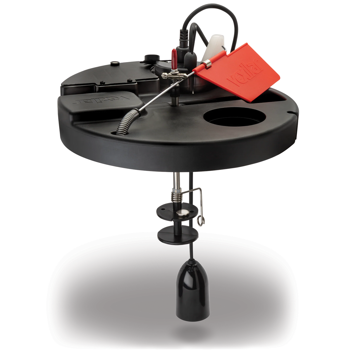 Vexilar Sidekick Thermal Tip Up fishing tackle device with black circular base, red flag, sensors, and weighted spool for ice fishing detection.