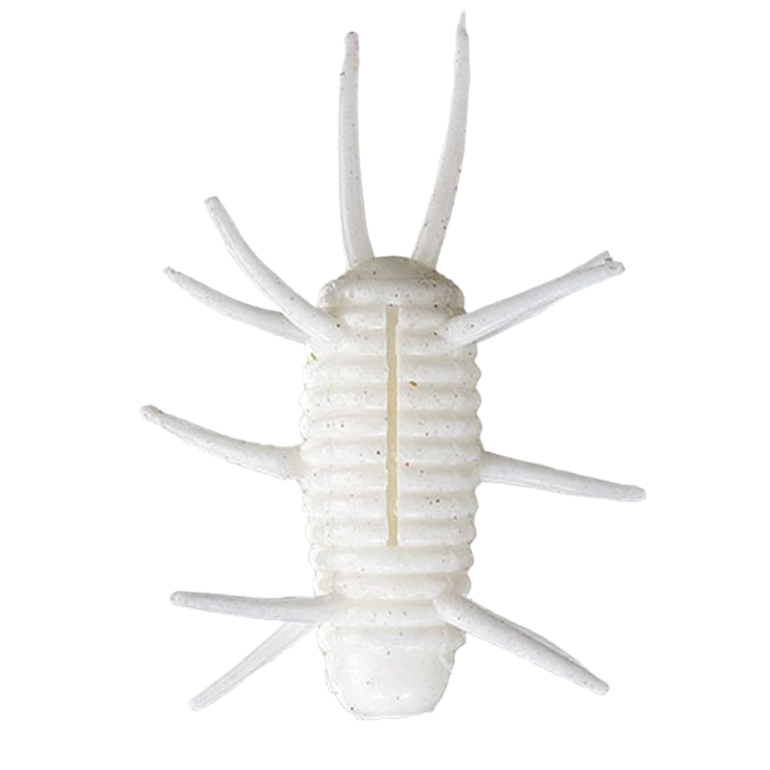 Close-up of a white soft plastic fishing lure shaped like an insect with multiple legs and segmented body, identified as the Smith Sink Spider for fishing tackle use.