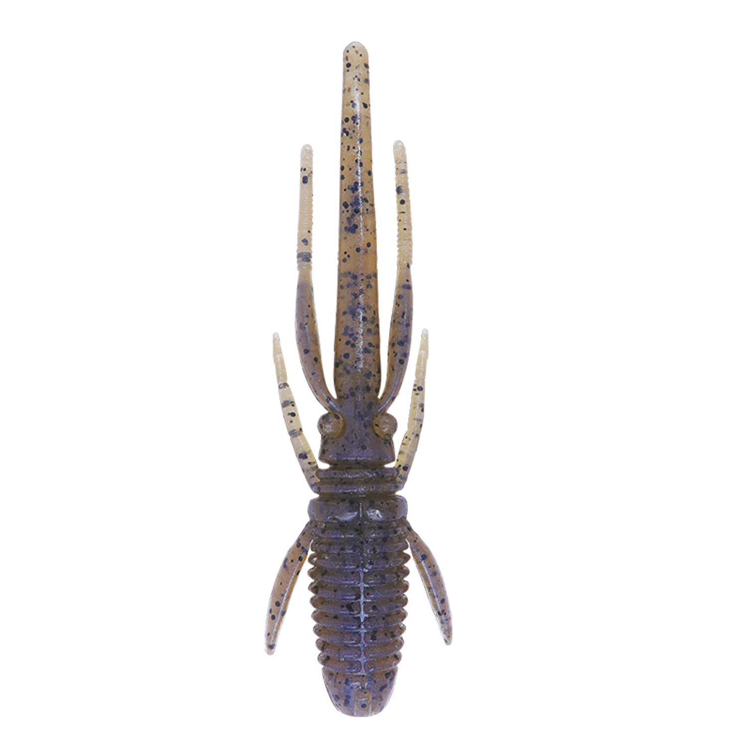 BottomUp M.P.S soft plastic fishing lure designed to mimic a small crawfish with segmented body and multiple appendages in translucent brown with black speckles.
