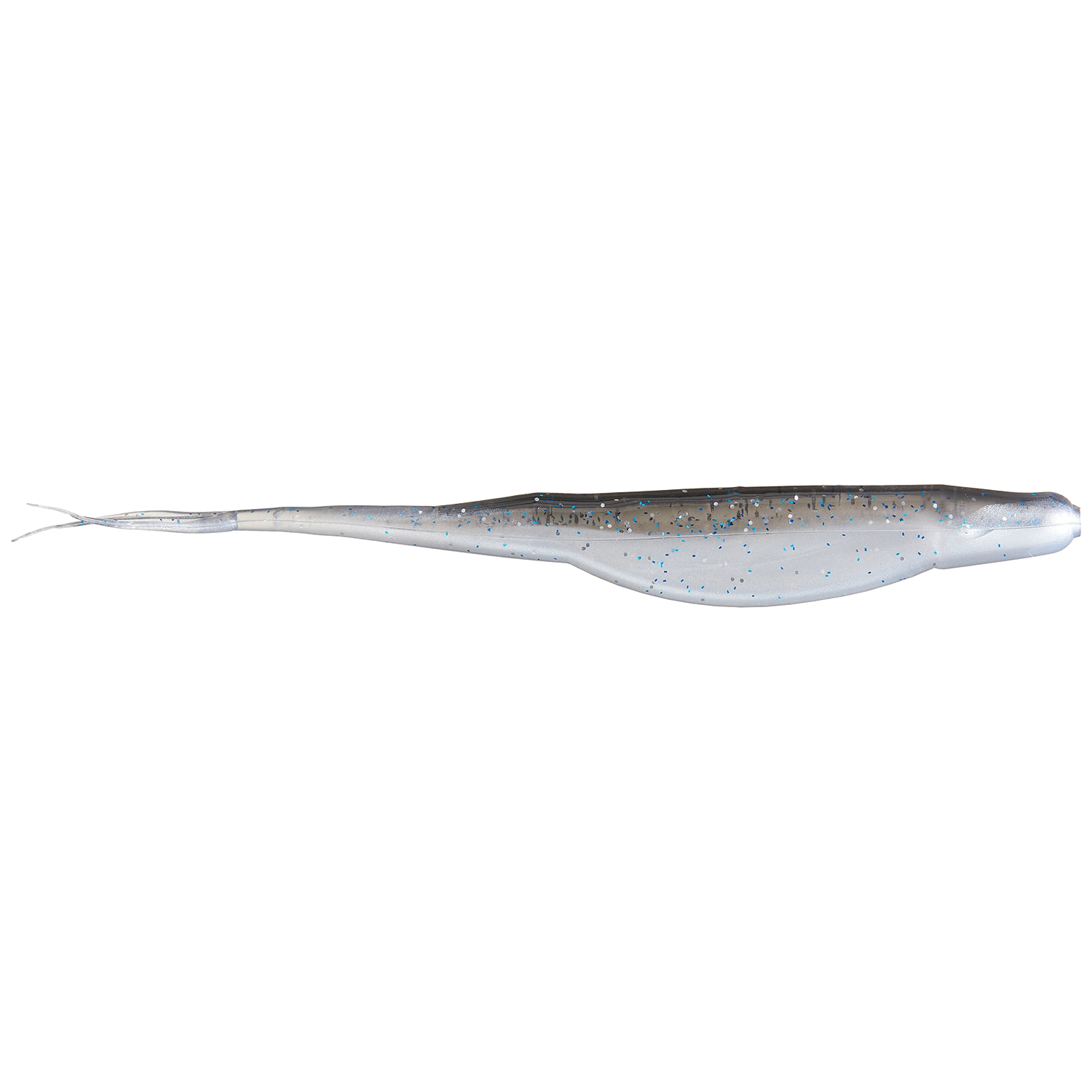 Zoom Bait Company Mag Super Fluke fishing lure in translucent silver with blue flecks, designed for realistic movement to attract muskies and other predator fish.