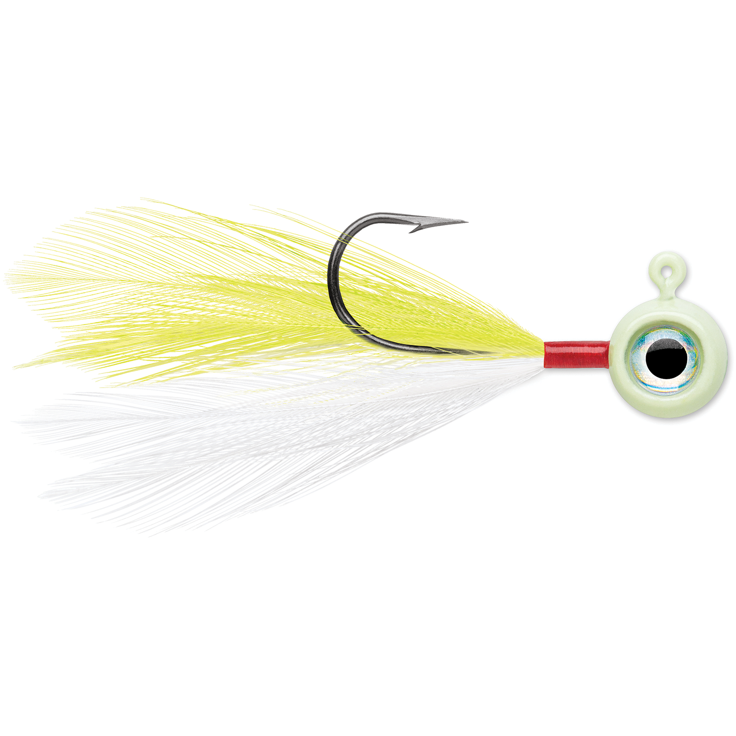 VMC Moon Fly Jig featuring a sharp fishing hook with yellow and white feather skirt and a round eye-shaped weighted head, designed for fishing tackle enthusiasts.