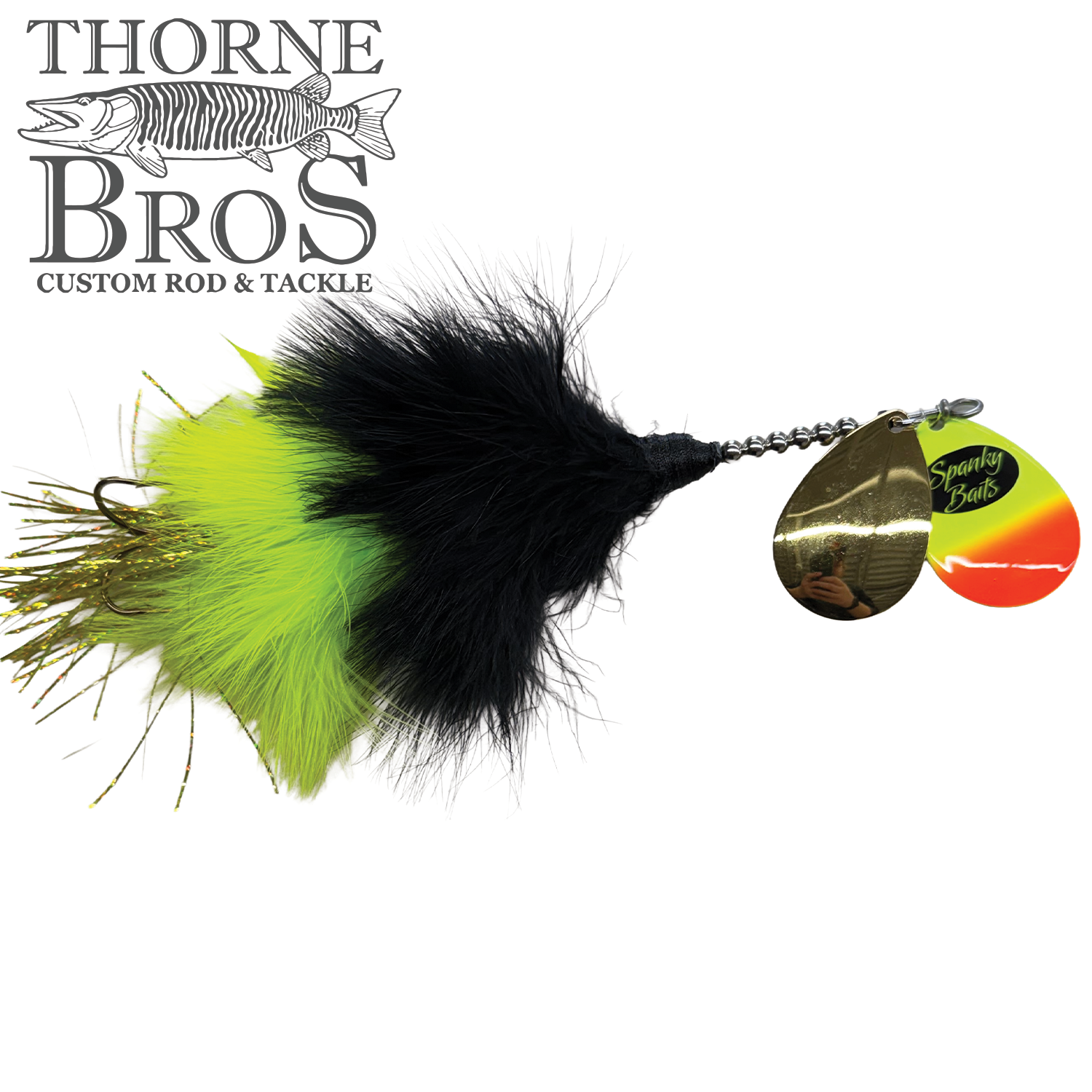 Spanky Baits Raven fishing lure with feathers in bright yellow and black, featuring two shiny spinner blades, designed for musky fishing.