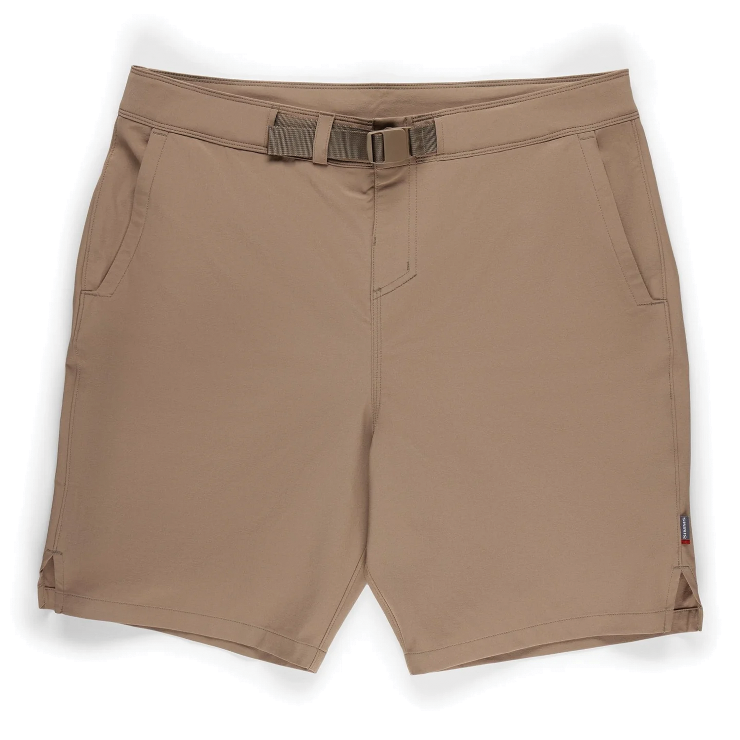Simms Seamount Shorts - Men's in tan color, featuring a built-in adjustable belt, two front pockets, and durable quick-dry fabric designed for fishing and outdoor activities.