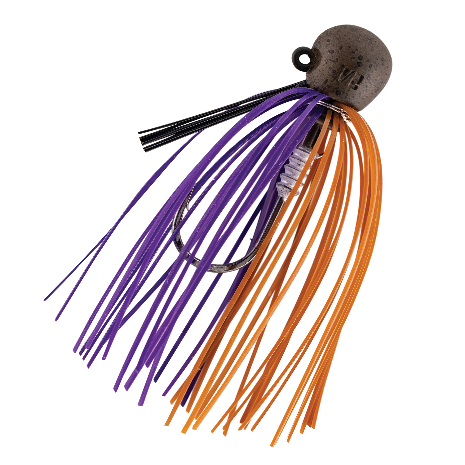 Z-Man TRD Finesse Jig with a weighted head and colorful purple and orange silicone skirt strands, designed for effective fishing tackle applications.