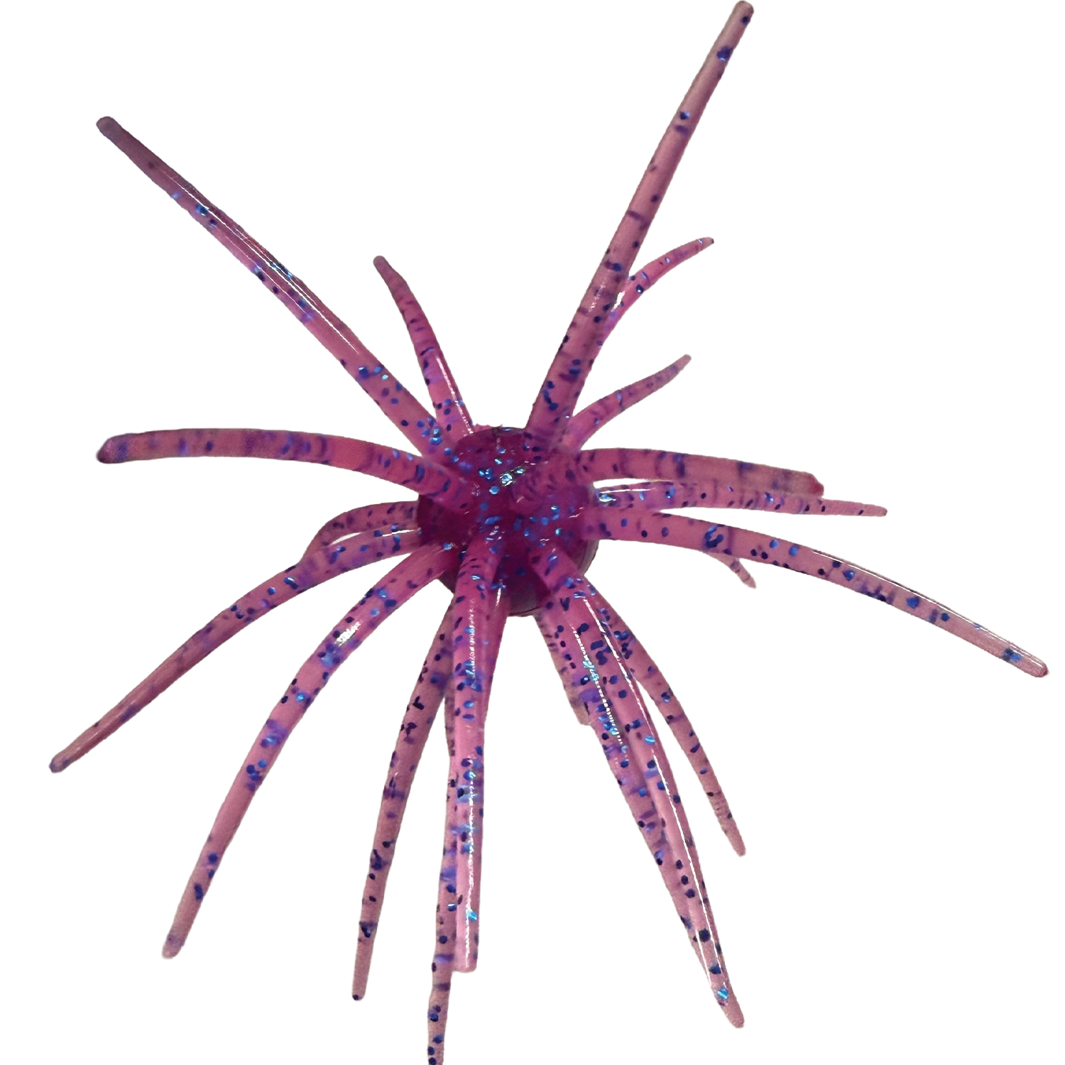 Randamu Lures Fuzzy Ballz fishing lure in translucent purple with multiple thin, flexible legs and blue speckles designed for attracting fish in freshwater fishing tackle.