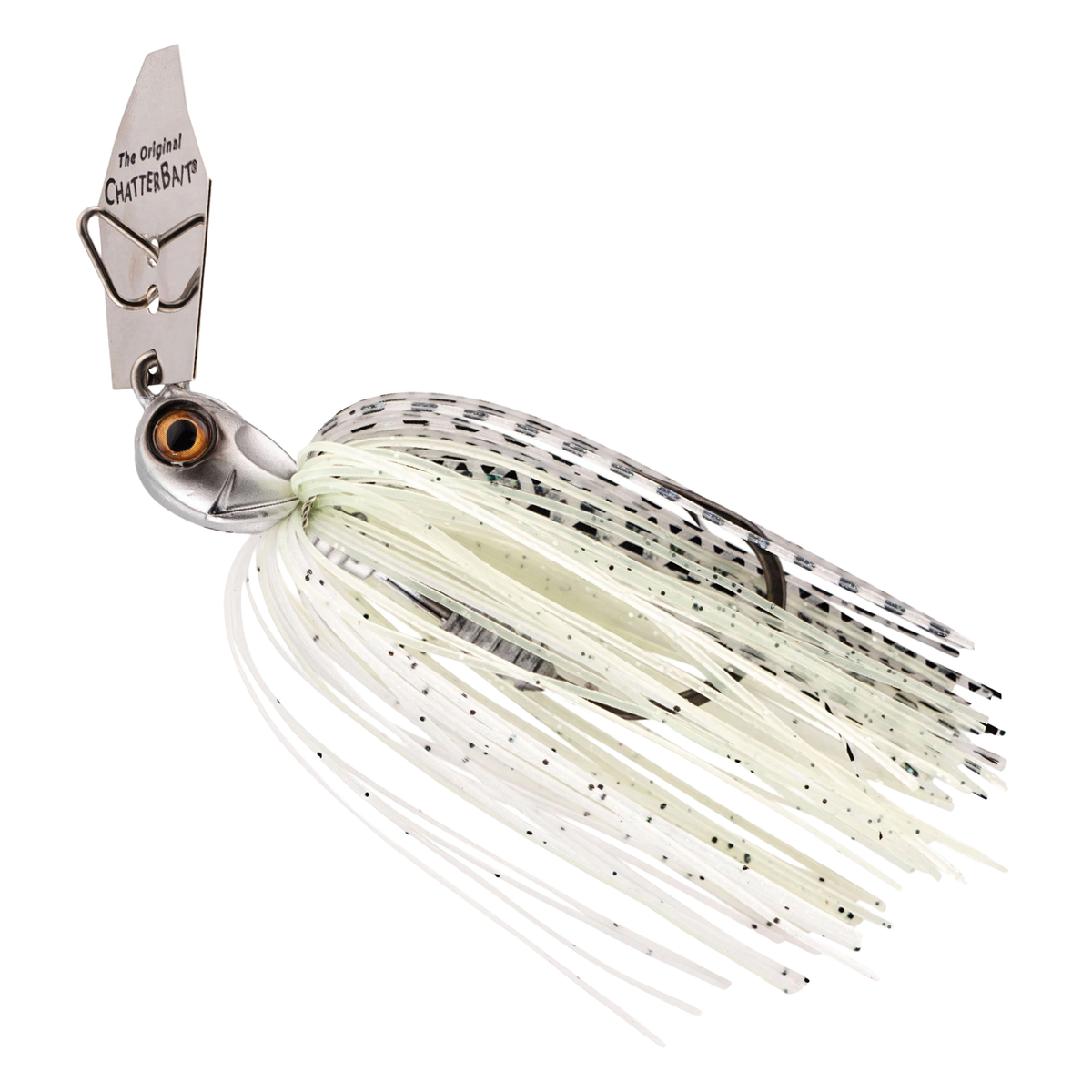 Z-Man Chatterbait Elite Evo HD fishing lure in white and black with a silver blade and detailed eye, designed for freshwater fishing tackle enthusiasts.