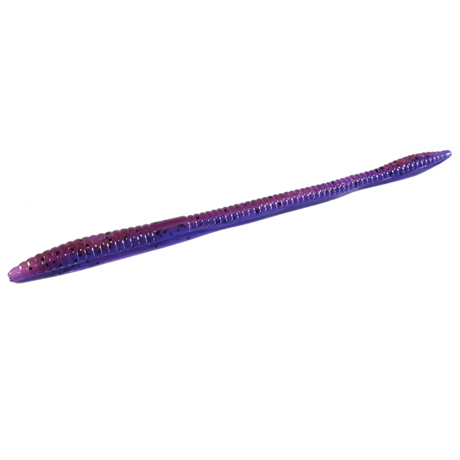 Zoom Bait Company Trick Worm fishing lure in purple and pink tones, featuring a segmented flexible body designed for realistic movement in fishing tackle.