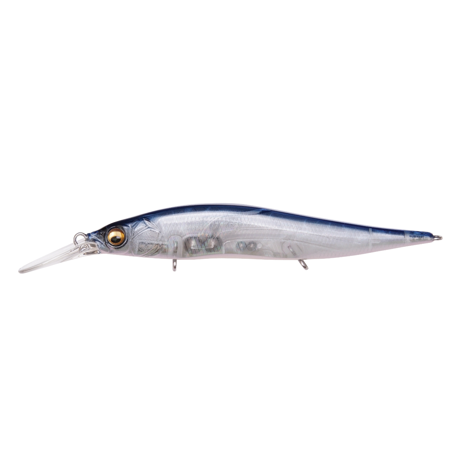 Megabass Vision 110+1 Jr. fishing lure with a sleek, translucent body and detailed eyes, designed for effective fishing tackle use.