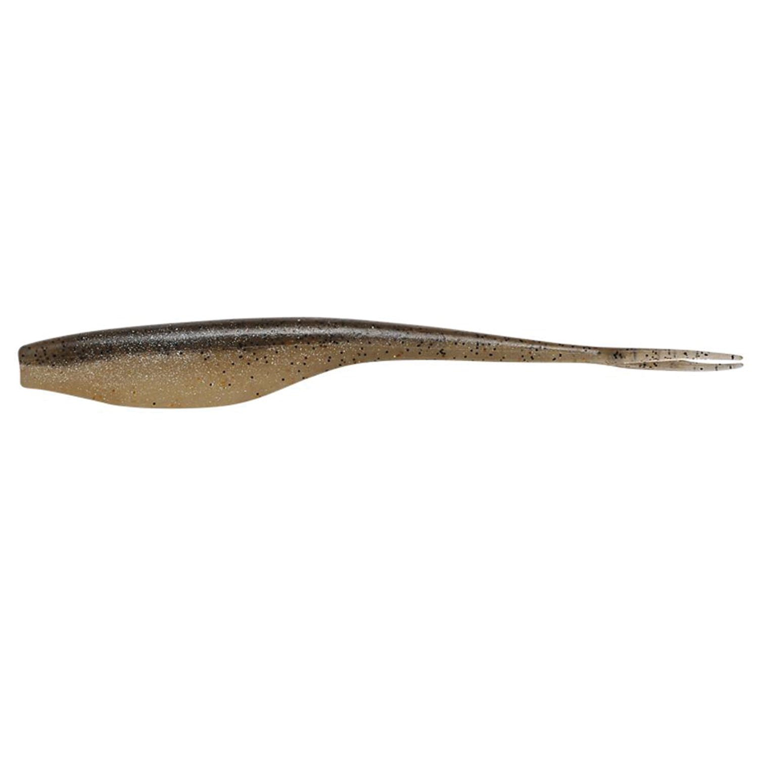 Megabass Sling Shad (5in) fishing lure in translucent brown with black speckles, designed for lifelike movement in water to attract fish.