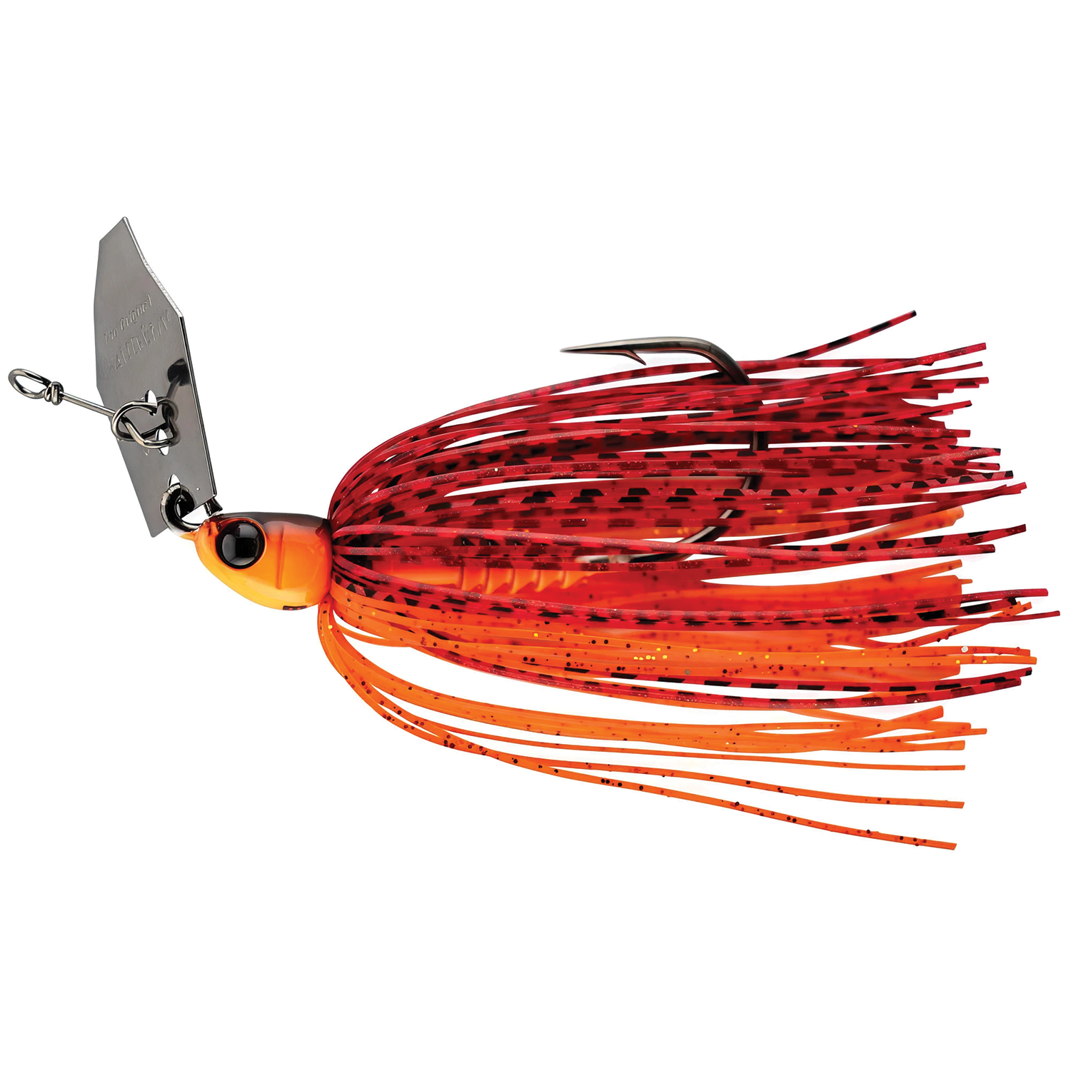 Z-Man Chatterbait PZ2 lure featuring a red and orange skirt with black speckles, a sharp hook, and a silver blade designed for fishing tackle enthusiasts.