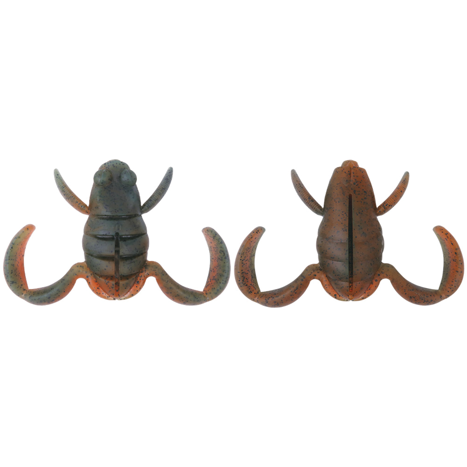 Two views of a BottomUp Scooper Frog Magnum fishing lure in mottled orange and dark green, designed to mimic a frog with flexible legs for use in fishing tackle.