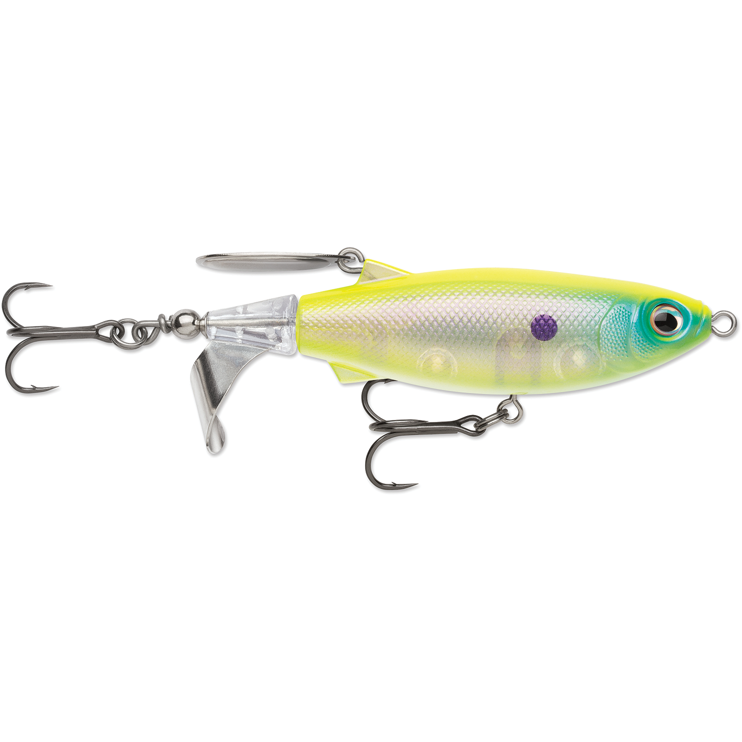 Rapala Claptail 110 fishing lure in yellow and blue with realistic fish scale pattern, two treble hooks, and a metal lip for lifelike swimming action in fishing tackle.