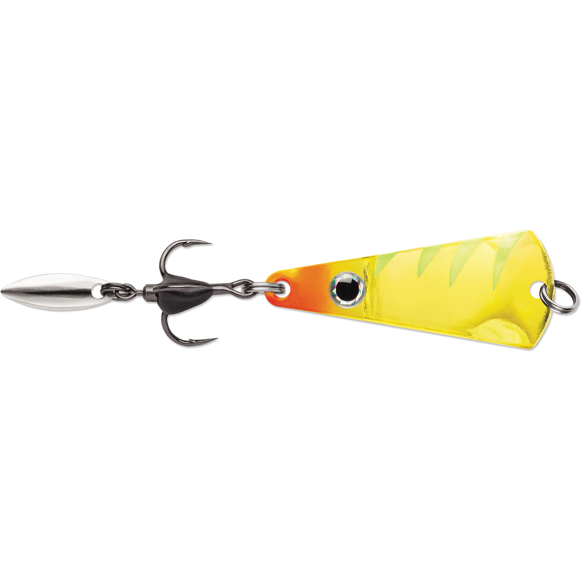 VMC Bladed Tingler Spoon yellow and orange fishing lure with reflective blade treble hook and realistic eye for musky fishing tackle