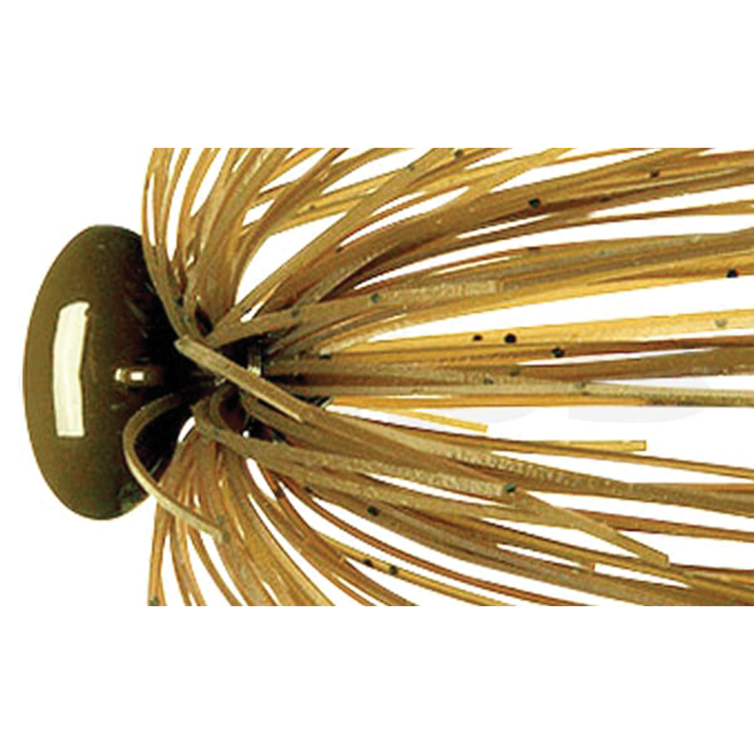 Deps Head Lock Jig featuring a detailed view of a brown jig head with numerous flexible, speckled skirt strands designed for effective fishing tackle use.