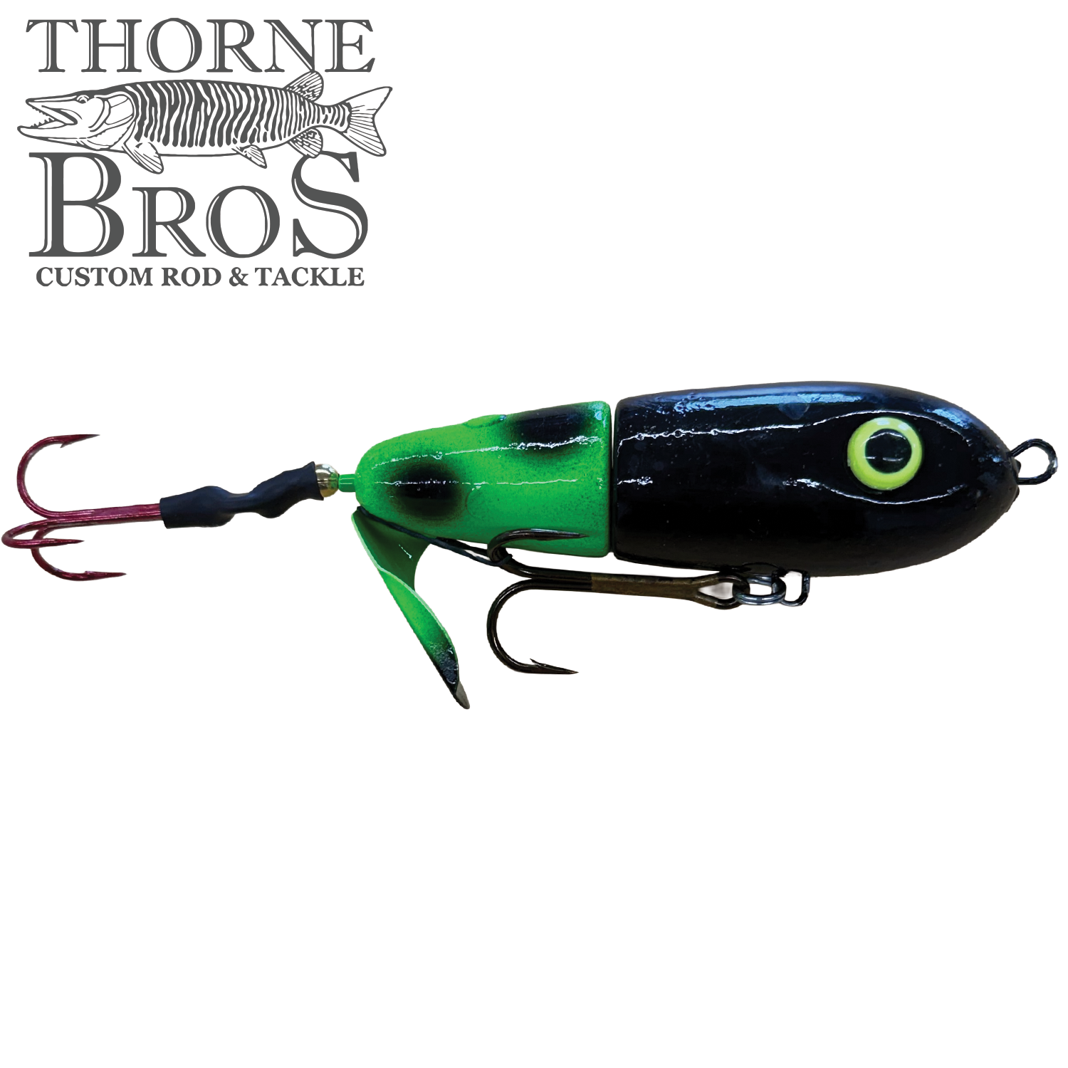 Lake-X Dr. Evil fishing lure featuring a segmented body in black and green with realistic yellow eye details, designed for effective musky fishing tackle.