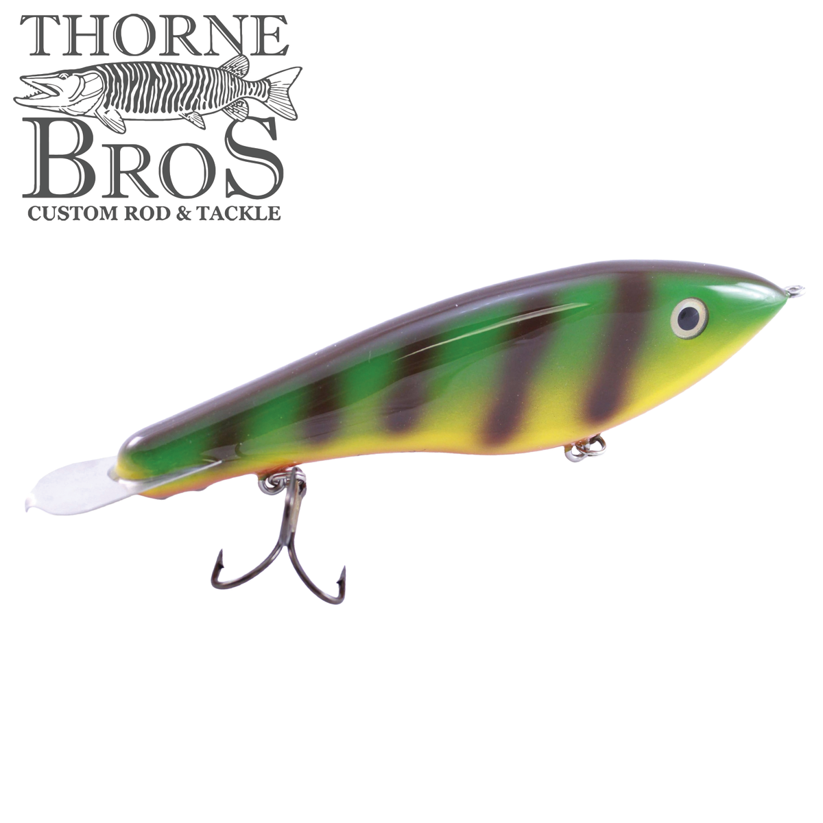 Bitten Warlock - MAG. green and yellow musky fishing lure with dark vertical stripes two treble hooks and a clear diving lip