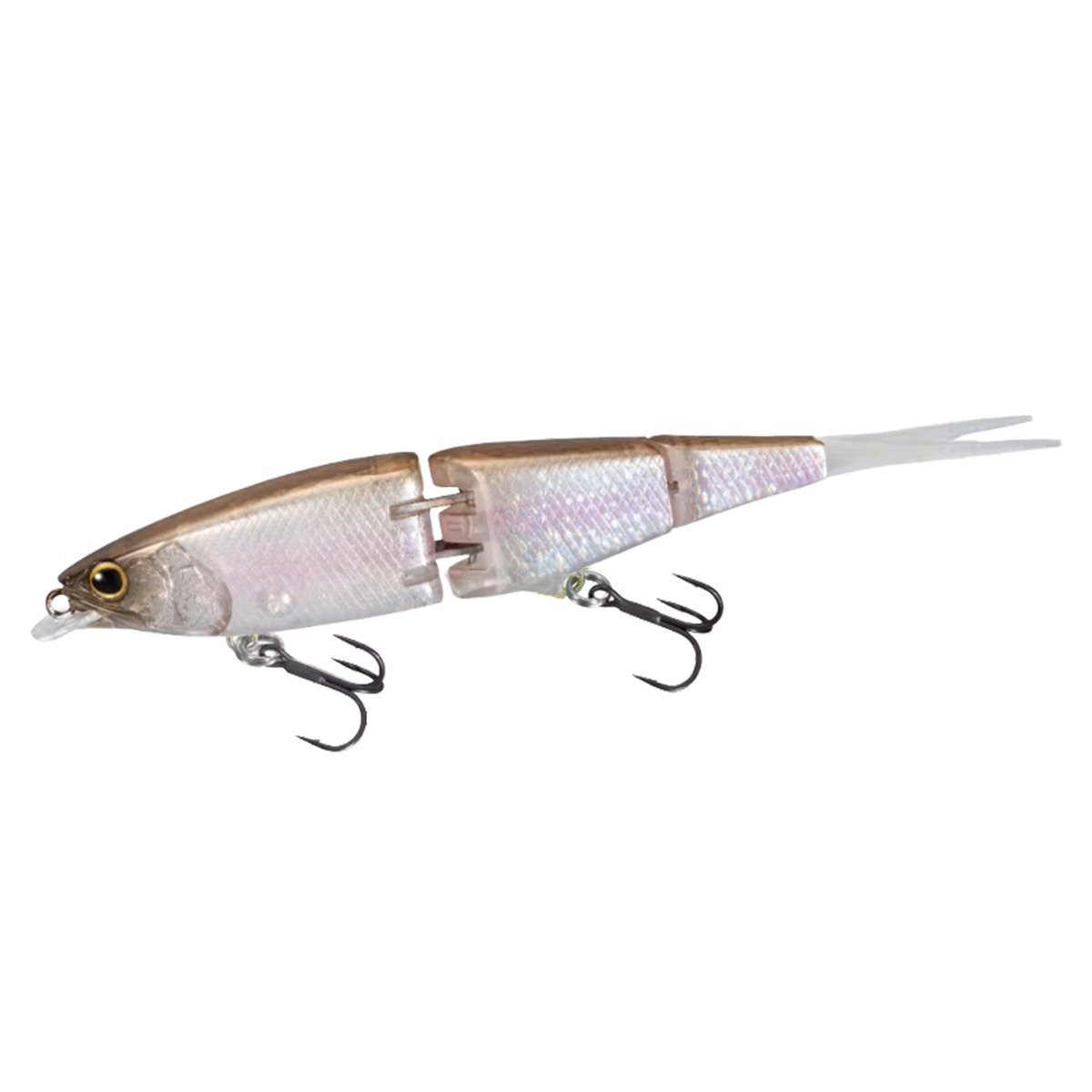 Shimano Facer 85+SF multi-jointed fishing lure in pearlescent white and gold tones with two treble hooks designed for realistic swimming action in fishing tackle.