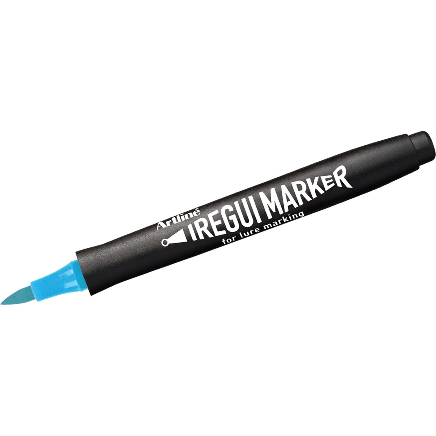 Black Artline IREGUI Markers pen with blue chisel tip, designed for precise lure marking in fishing tackle and marine electronics applications.