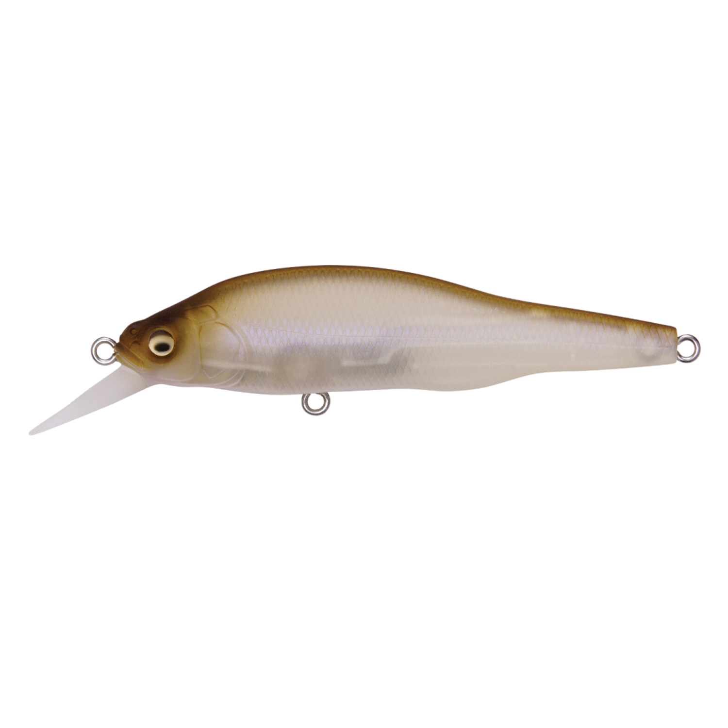 Megabass X-80 Trick Darter fishing lure with a realistic fish design in translucent beige and brown tones, featuring a lip for diving action and three attachment points for hooks.