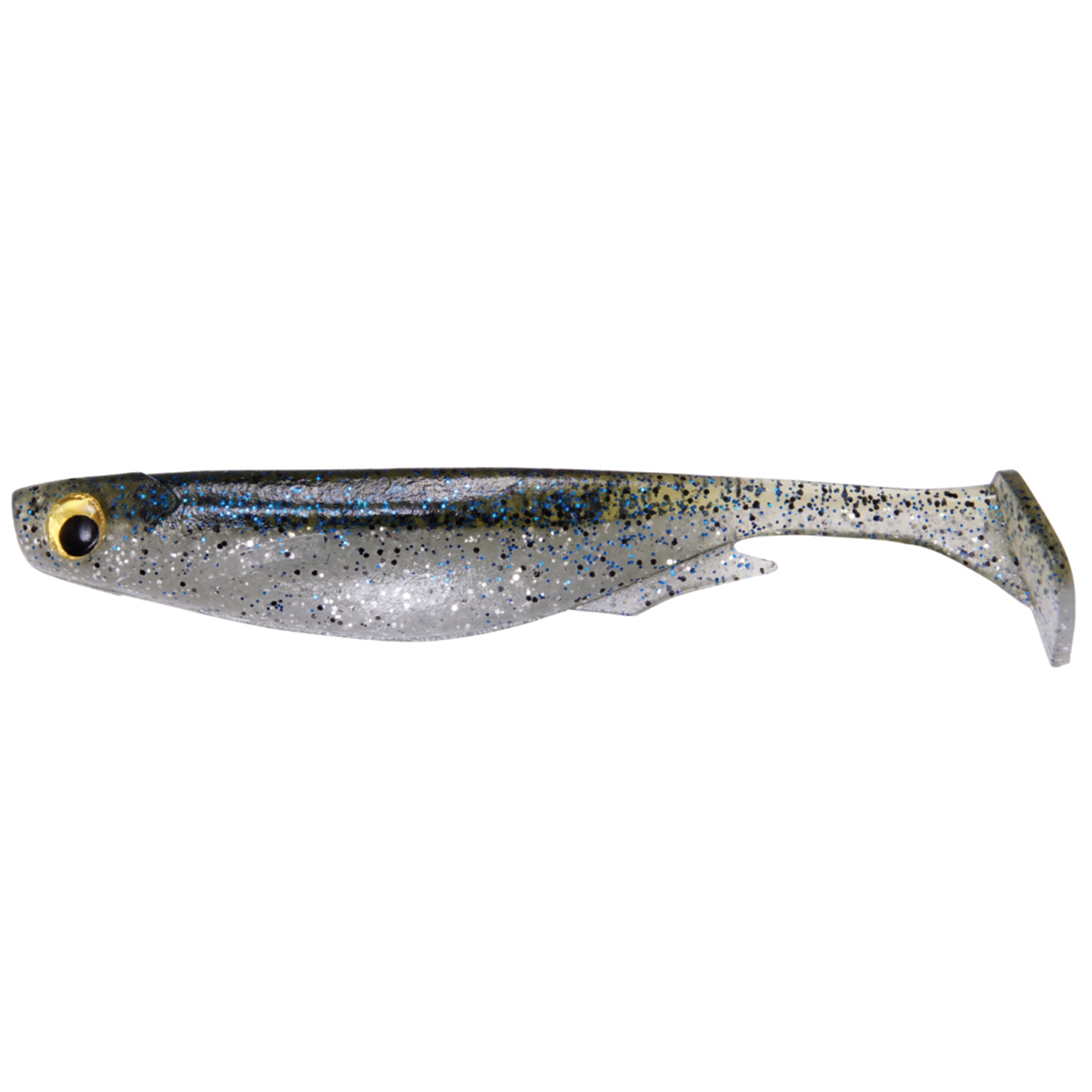 Megabass Spark Shad soft fishing lure in translucent silver with blue and black speckles, featuring a paddle tail and lifelike eye for fishing tackle enthusiasts.