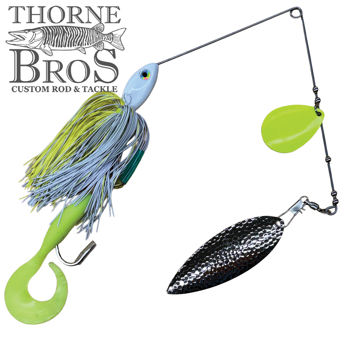 Ace Baits Monster Spinnerbait with a blue head chartreuse skirt soft plastic trailer and reflective Colorado blades for musky fishing tackle