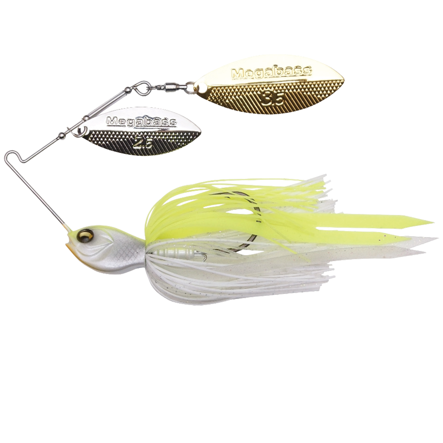 Megabass SV3 Spinnerbait (DW) featuring dual metallic spinner blades in gold and silver, with a detailed fish-shaped head and skirted yellow and white trailing fibers designed for fishing tackle.