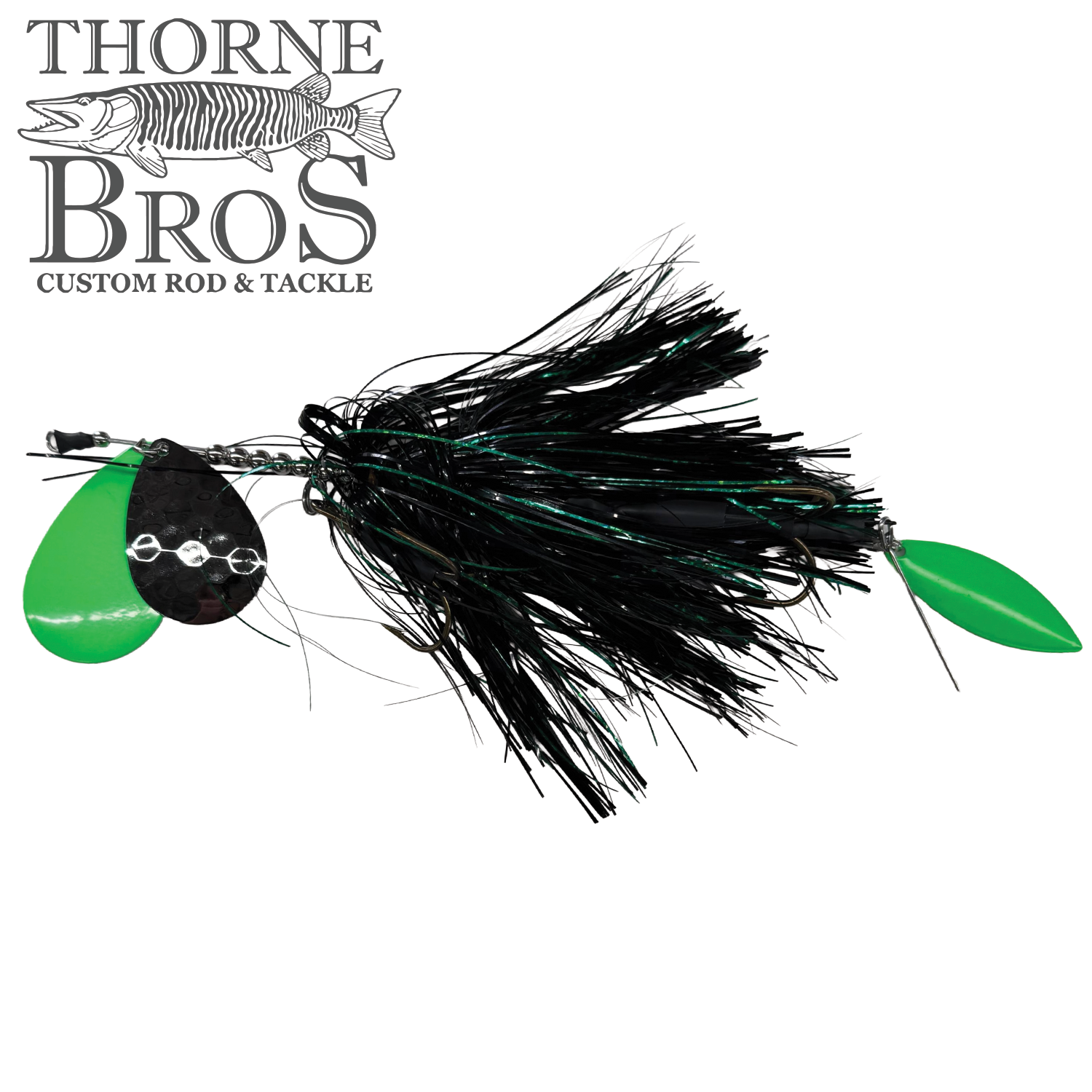 Hunsy Tails 8/9 Banger fishing lure featuring black and green skirted body with two metal spinner blades, designed for musky fishing and available at Thorne Bros.