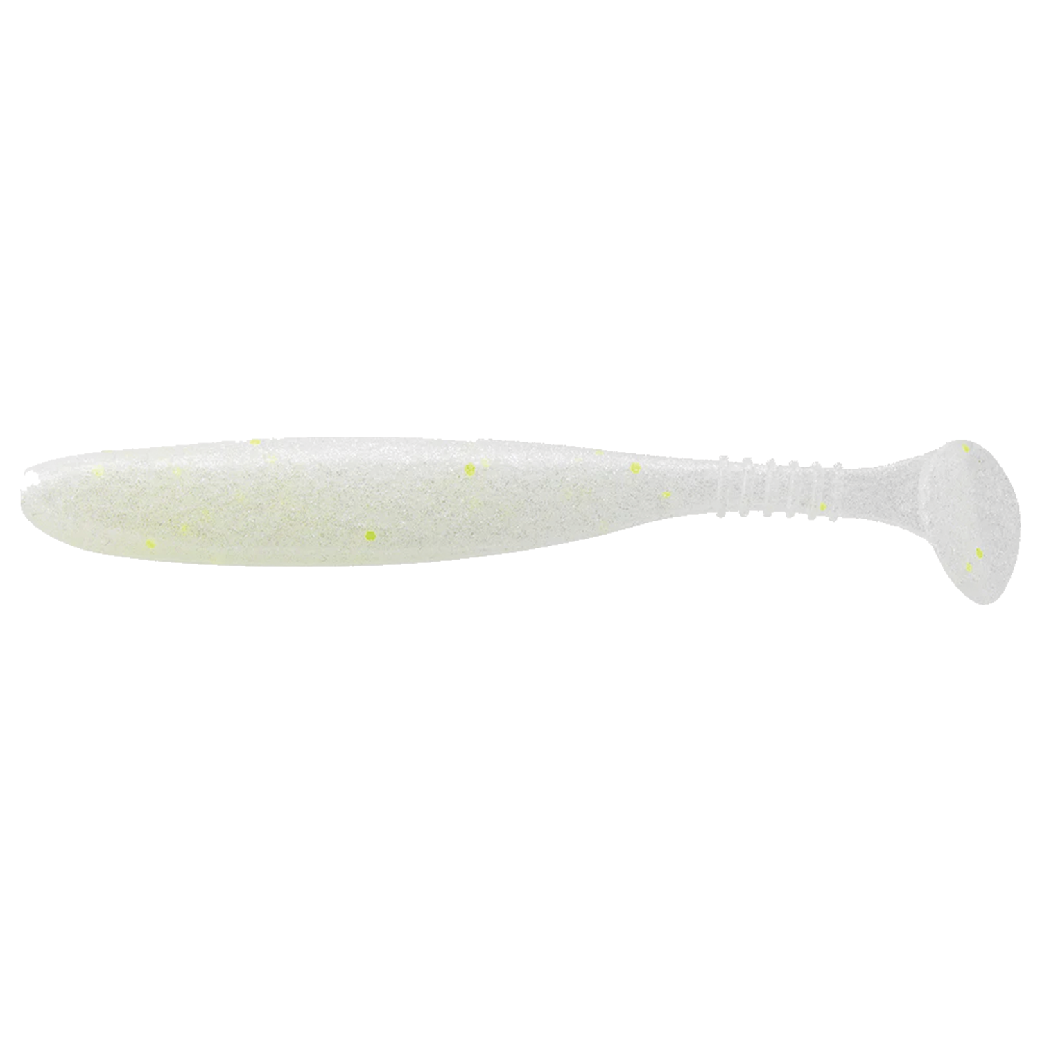 Daiwa Tournament D-Fin fishing lure in translucent white with yellow flecks, featuring a paddle tail design for lifelike water movement in fishing tackle.