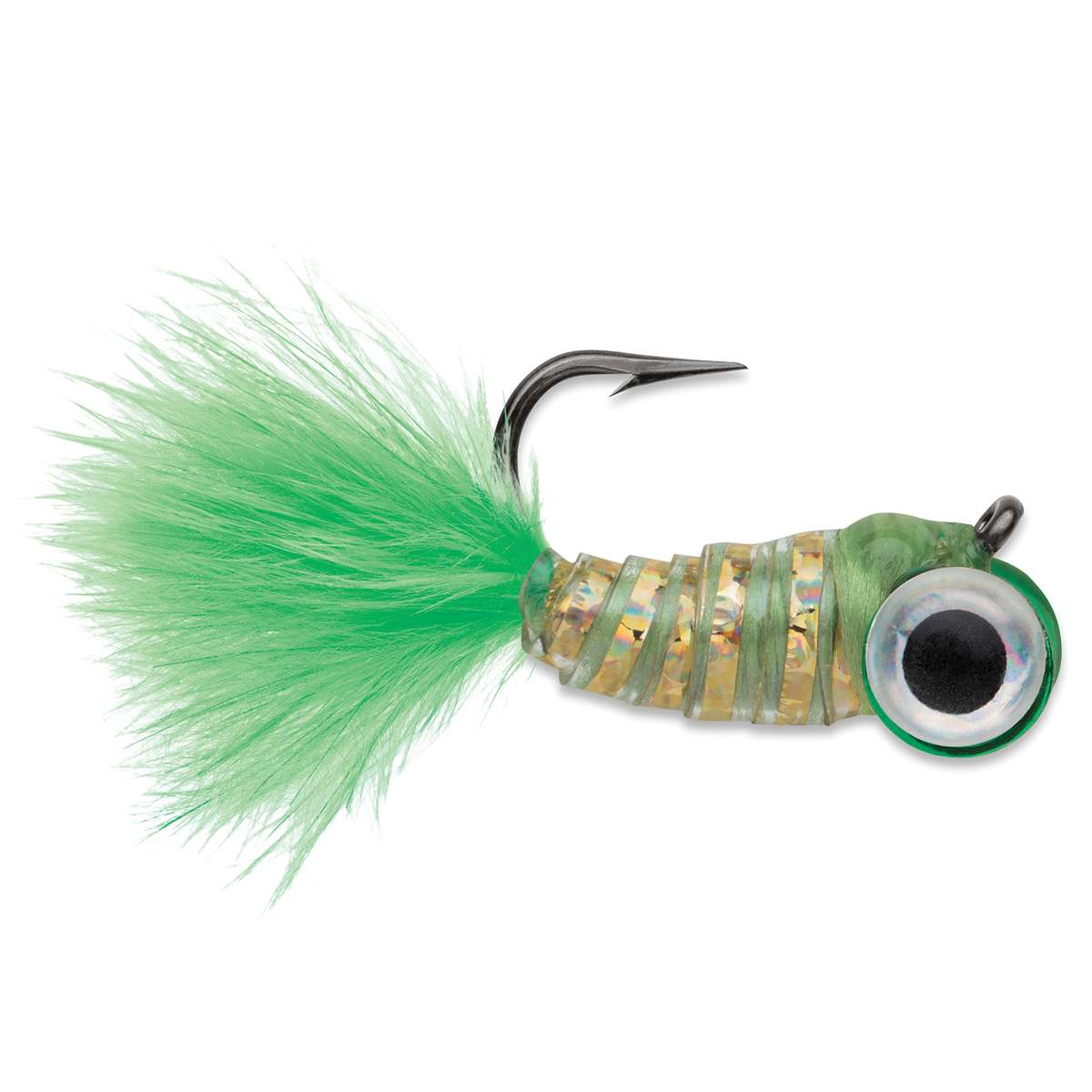 VMC Tungsten Gym Jig featuring a green feathered tail segmented body oversized eye and curved hook for fishing tackle applications