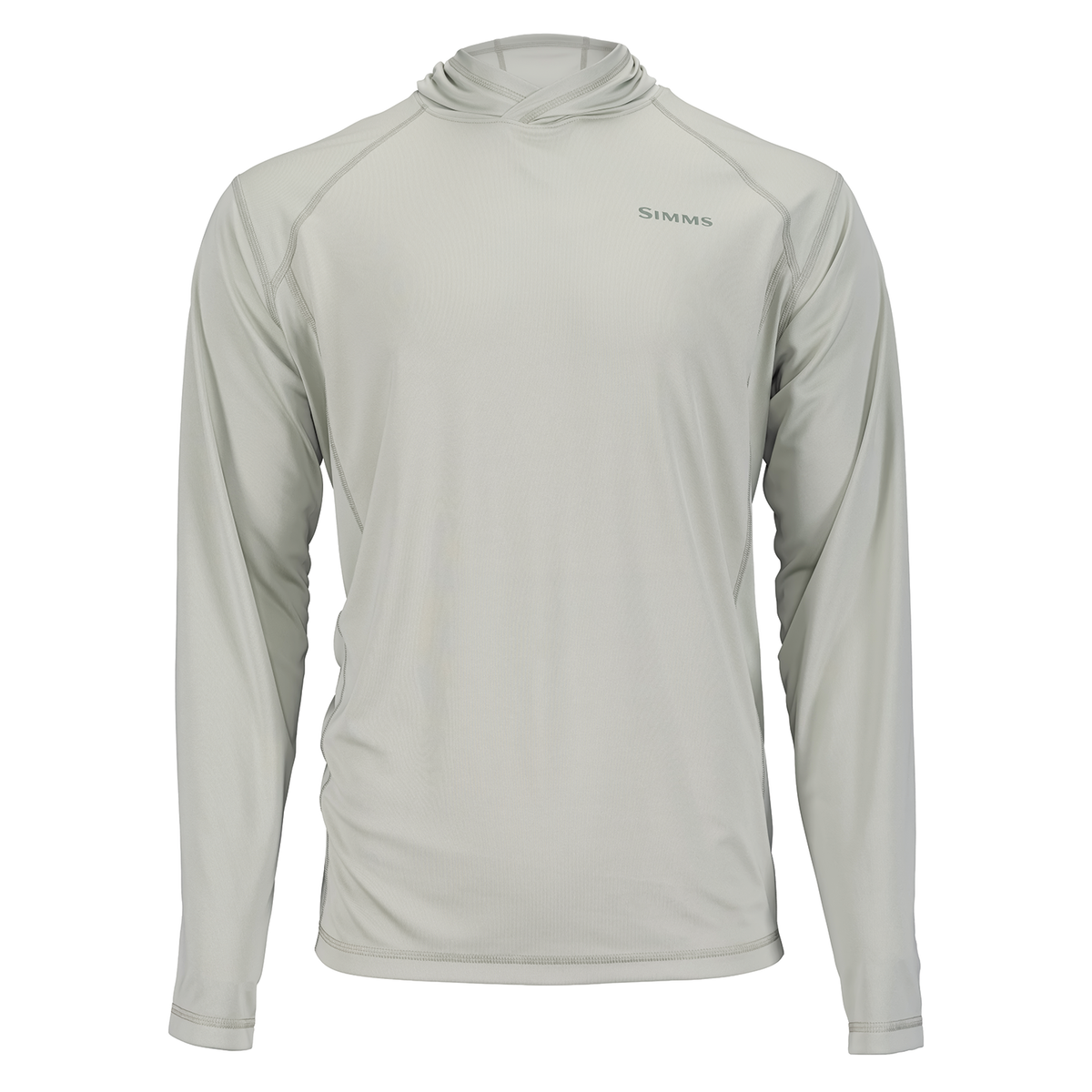 Simms Challenger Solar Hoody - Men's light gray long sleeve fishing shirt with attached hood shown from the front on a white background