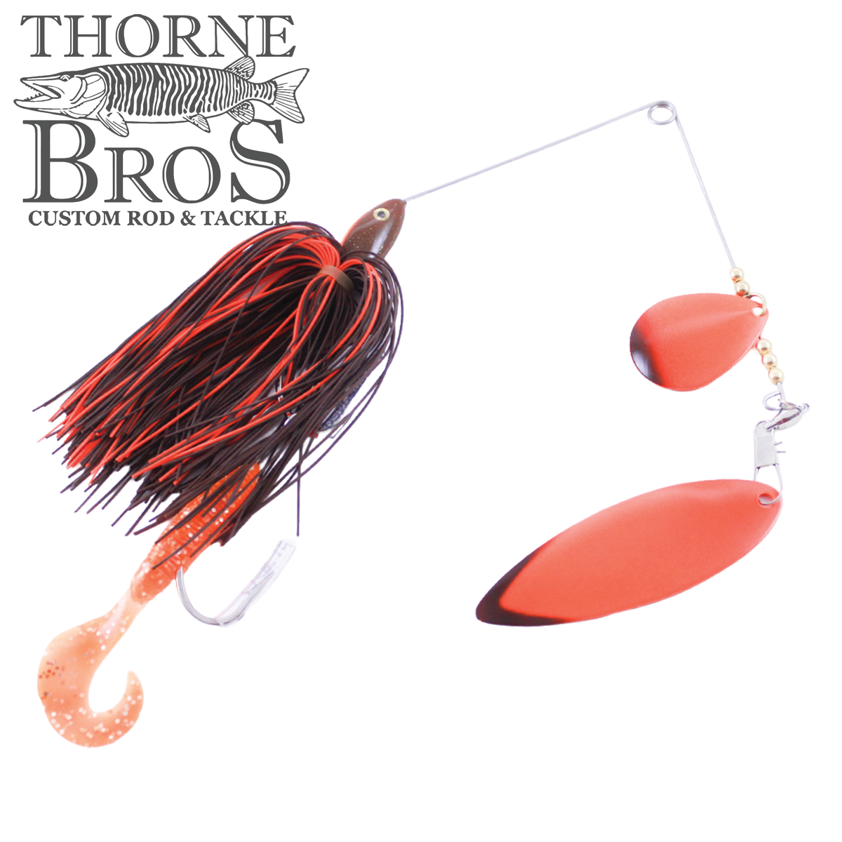 Ace Baits Original Spinnerbait with a black and red skirt orange blades and a soft plastic trailer for musky fishing tackle