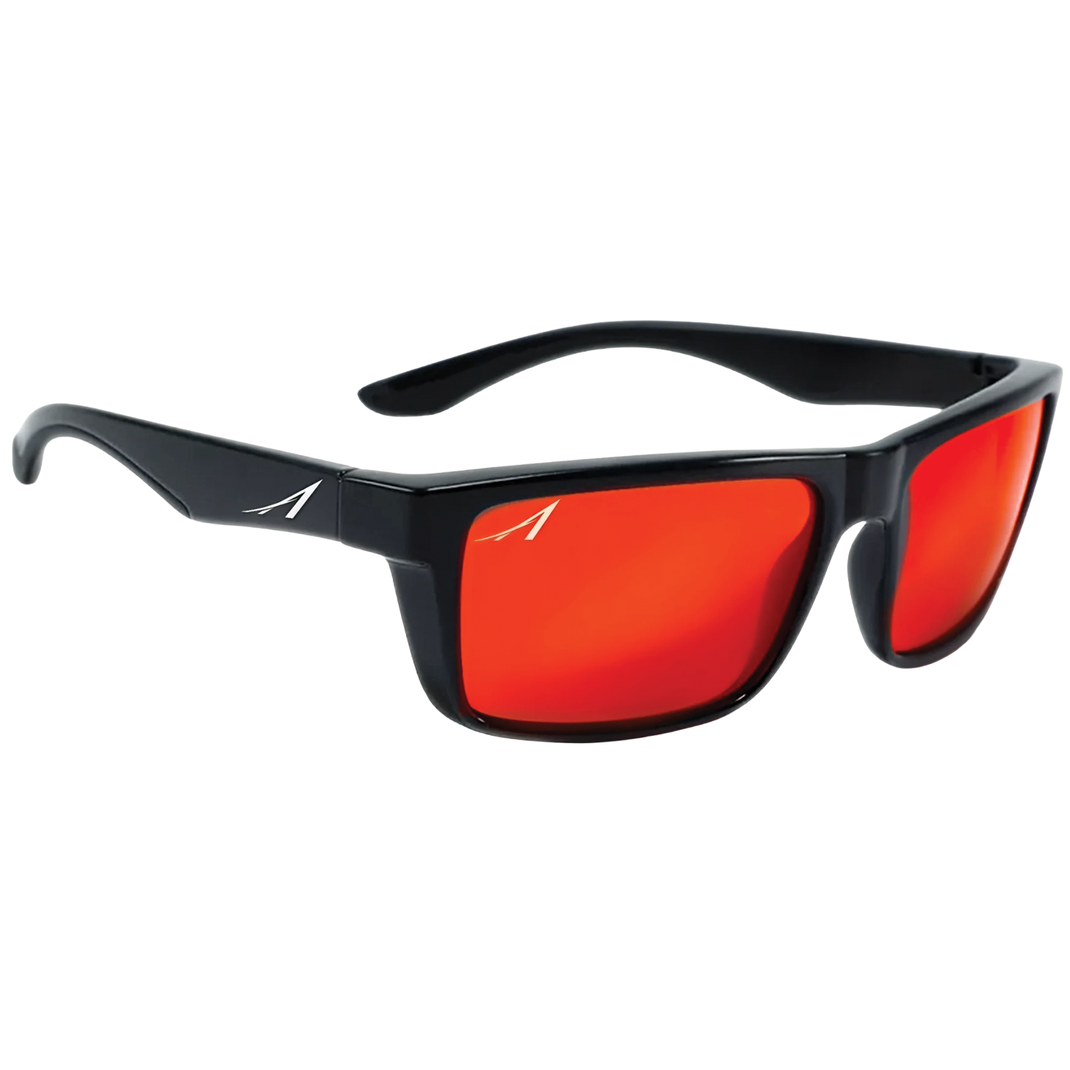 Alexander Sunglasses with black rectangular frame and vibrant red polarized lenses, designed for outdoor fishing activities and glare reduction.