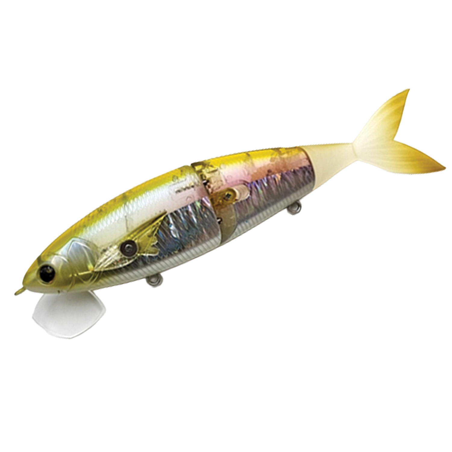 Madotachi Gimikin Swimbait with a segmented, lifelike fish design in yellow and silver hues, featuring realistic eyes and a translucent tail for fishing tackle use.