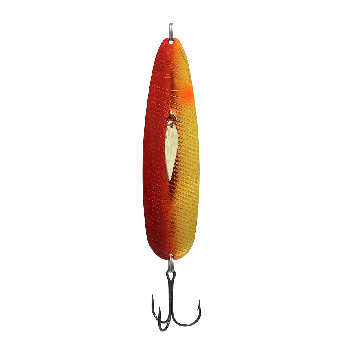 Northland Thumper Casting Spoon fishing lure in red and yellow gradient with textured surface and a small attached gold-colored spinner blade above a black treble hook.