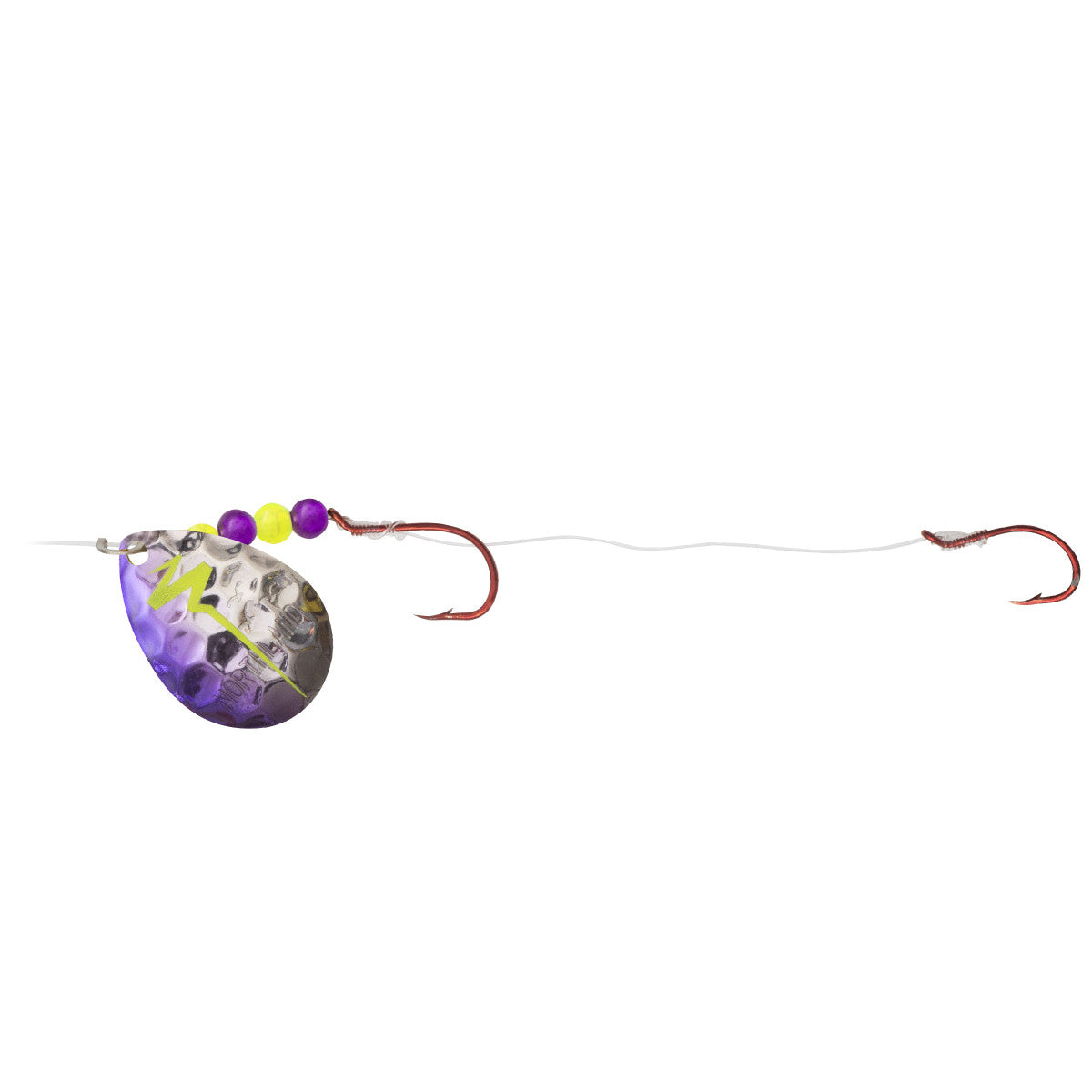 Northland Gravel Grinder Harness fishing tackle featuring two red hooks connected by a clear wire, with a purple and silver spinner blade and three small round beads.