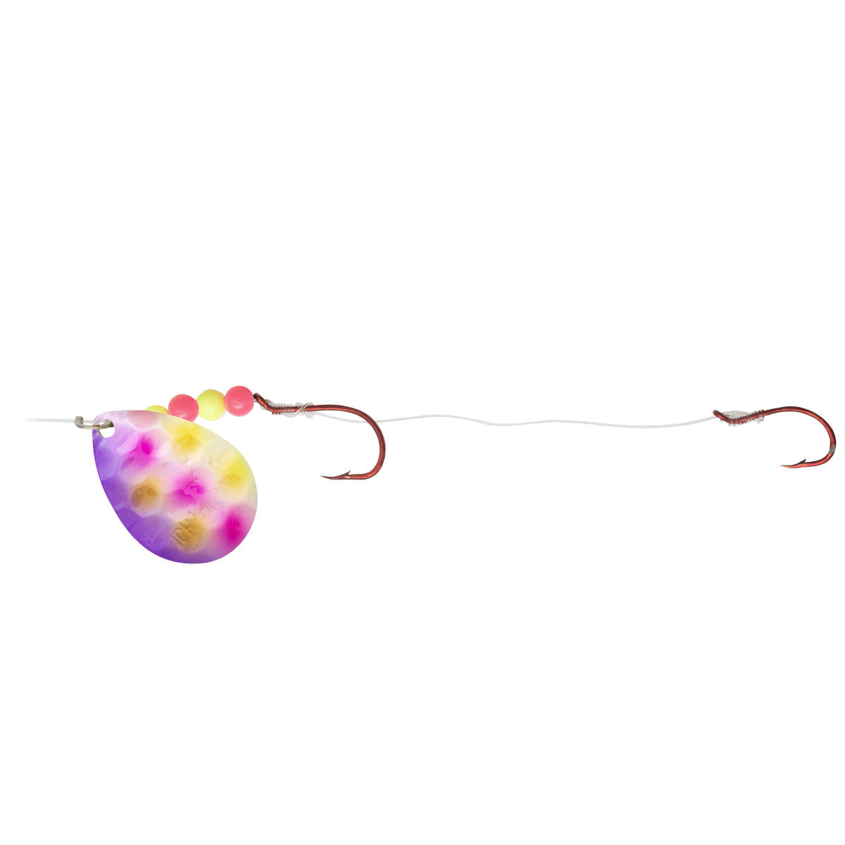 Northland Gravel Grinder Harness fishing tackle featuring a colorful spinner blade with pink and yellow spots, two red fishing hooks connected by clear fishing line.