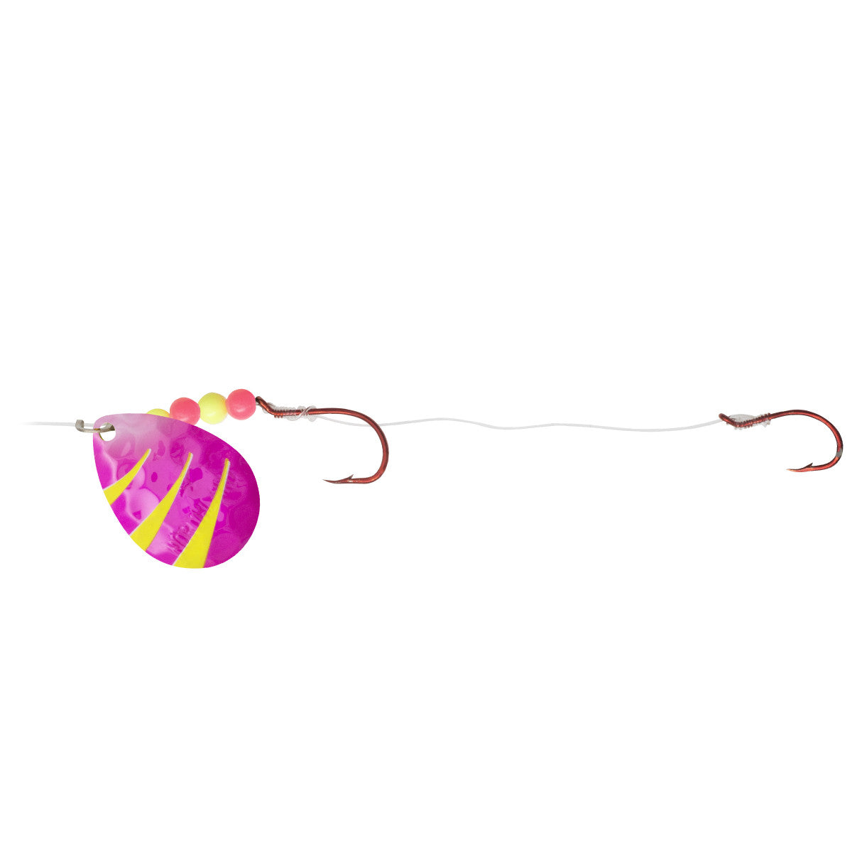 Northland Gravel Grinder Harness featuring a bright pink and yellow spinner blade with two sharp red fishing hooks connected by a clear fishing line, ideal for fishing tackle use.