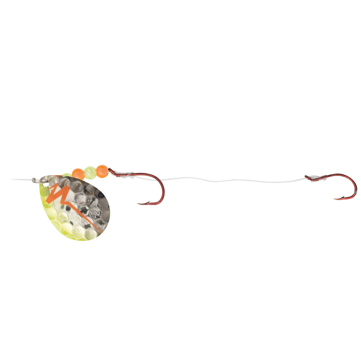 Northland Gravel Grinder Harness fishing tackle featuring a metal hammered spinner blade, bright beads, and two red fishing hooks connected by clear fishing line.