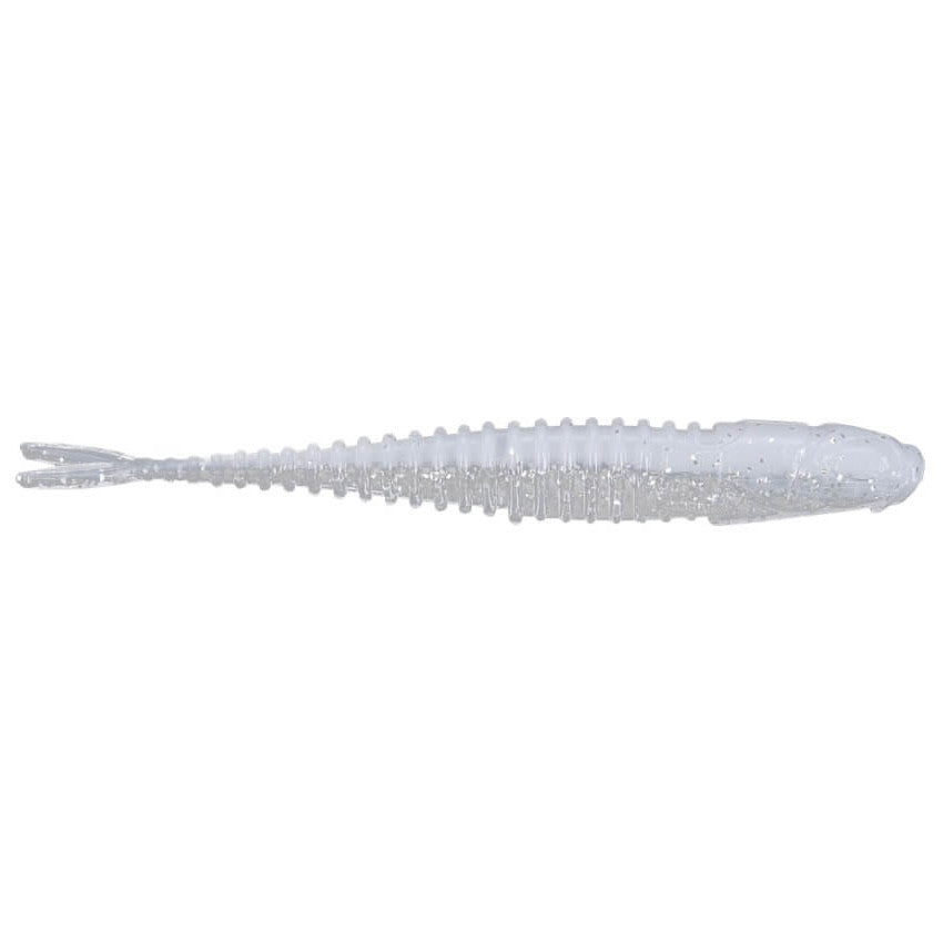 Northland Eye-Candy Minnow fishing lure in translucent white with a ribbed, tapered body and forked tail designed for lifelike movement in water.