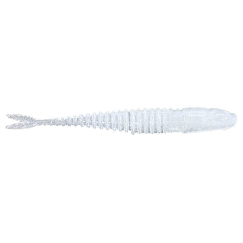 Northland Eye-Candy Minnow soft fishing lure in translucent white with segmented body and forked tail, designed for effective fishing tackle use.