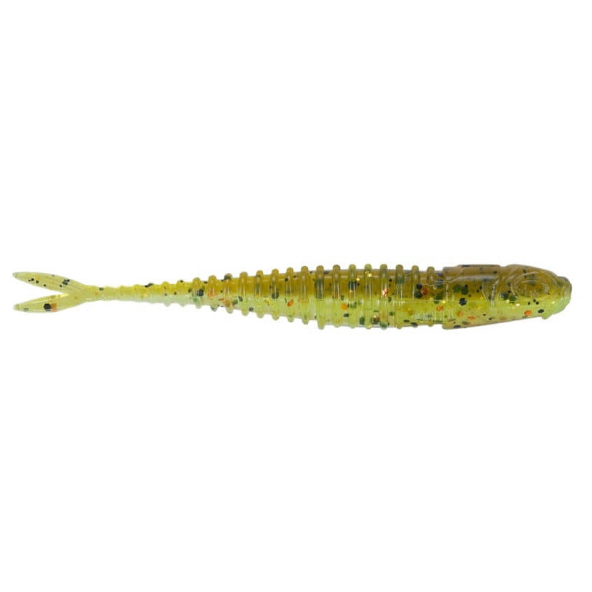 Northland Eye-Candy Minnow soft plastic fishing lure in translucent yellow-green with black and orange speckles, designed to mimic a small baitfish for fishing tackle use.