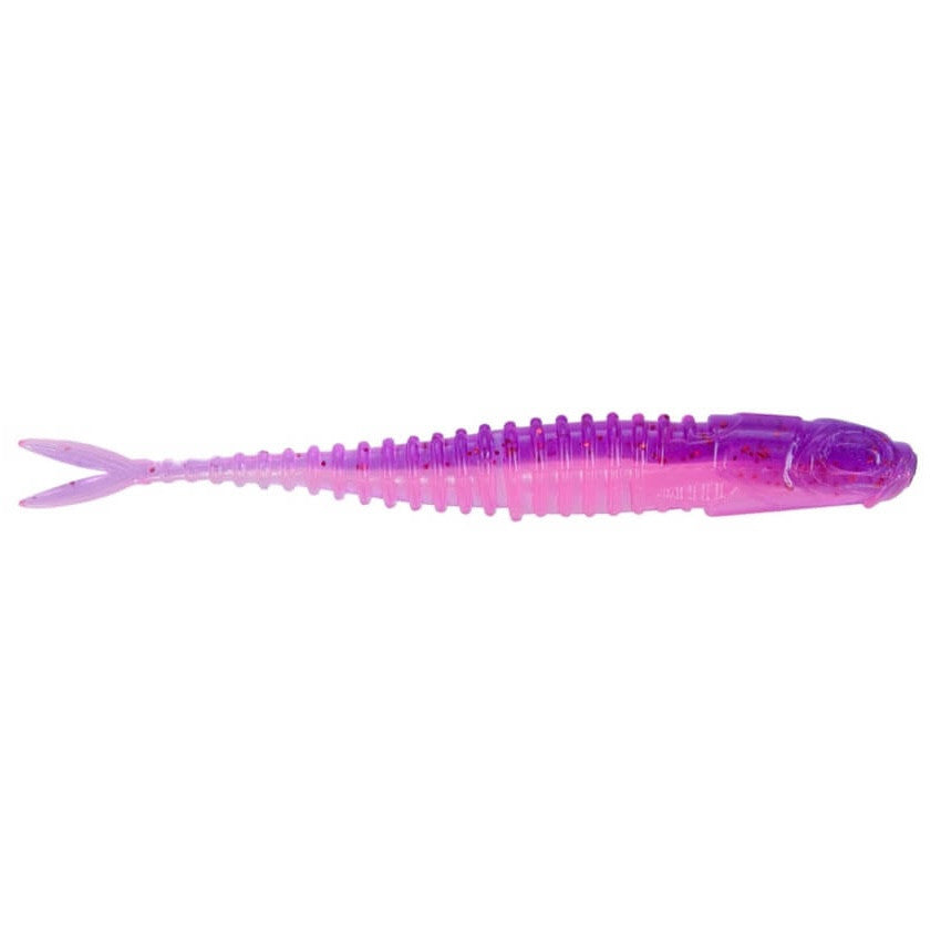 Northland Eye-Candy Minnow fishing lure in translucent pink and purple with a ribbed body and forked tail, designed for realistic movement in fishing tackle.