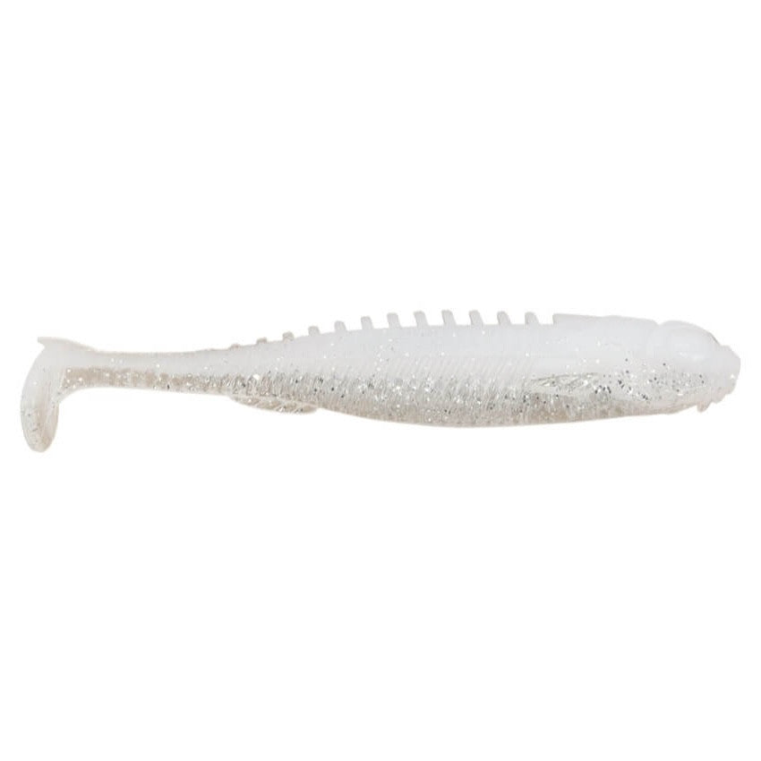 Northland Eye-Candy Paddle Shad soft fishing lure in translucent white with silver glitter, designed for effective musky and freshwater fishing tackle.