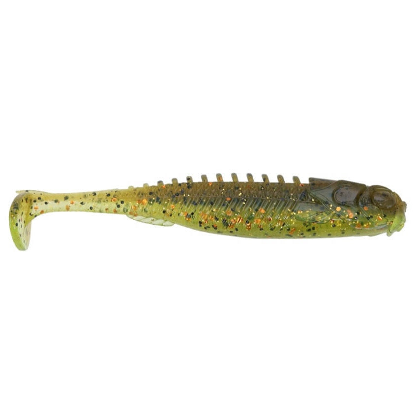 Northland Eye-Candy Paddle Shad fishing lure in translucent green with black and orange glitter, featuring a ribbed body and paddle tail designed for lifelike swimming action.