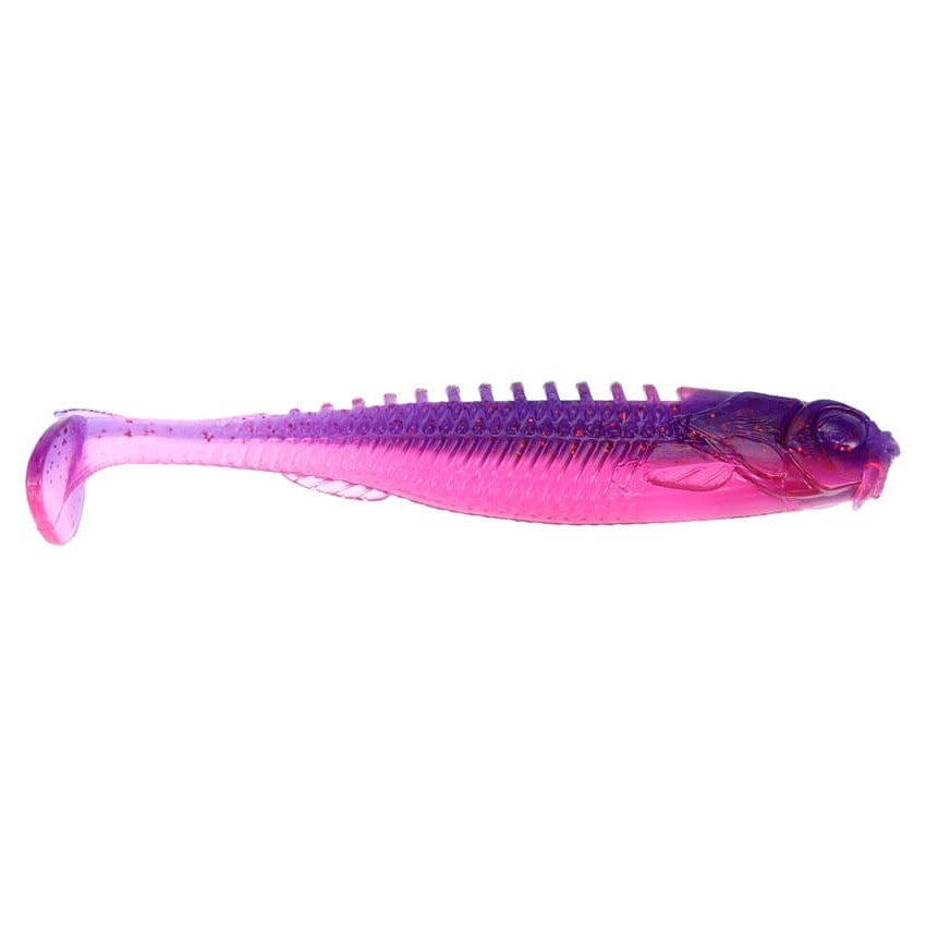 Soft plastic fishing lure in purple and pink with paddle tail designed for musky fishing, Northland Eye-Candy Paddle Shad detailed with textured body and realistic head features.