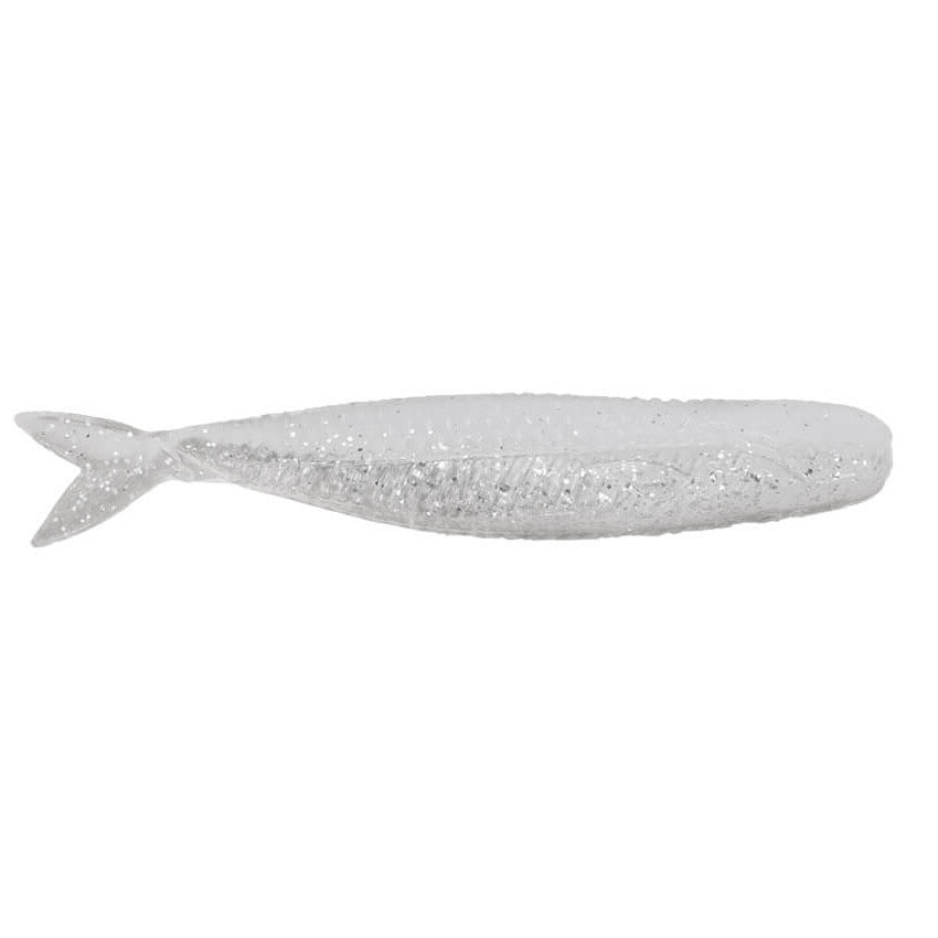 Northland Eye-Candy Shiner soft plastic fishing lure shaped like a small silver fish with sparkle flecks, designed for use with fishing tackle to attract game fish.