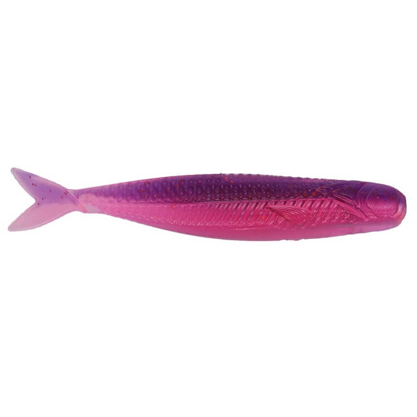 Northland Eye-Candy Shiner soft plastic fishing lure in vibrant purple and pink hues, designed to mimic a small baitfish for effective musky and ice fishing tackle.